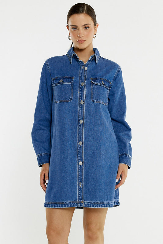 Image of Dresses. Product name - Aveline Denim Shirt Dress in Classic Blue colour by brand - Sass Clothing