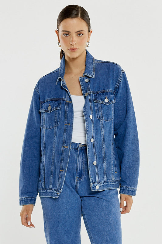 Image of Coats & Jackets. Product name - Aimee Denim Jacket in Classic Blue colour by brand - Sass Clothing