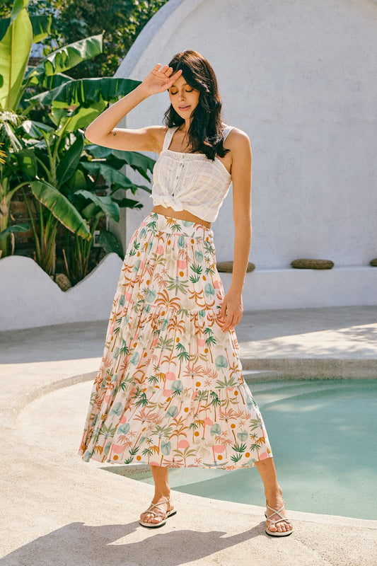 Image of a model wearing Pants. Productname: Heychic Paloma Green Tropical Tiered Maxi Skirt in Brown colour by brand - Heychic