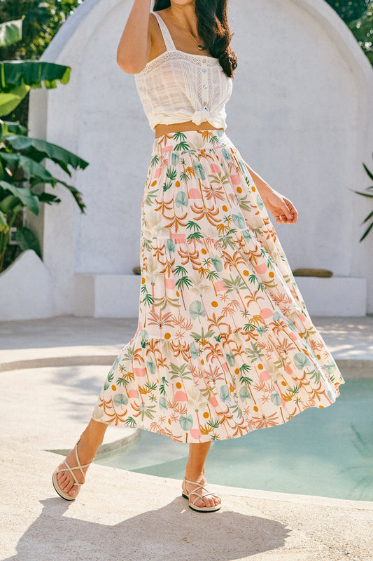 Heychic Paloma Green Tropical Tiered Maxi Skirt (Brown)