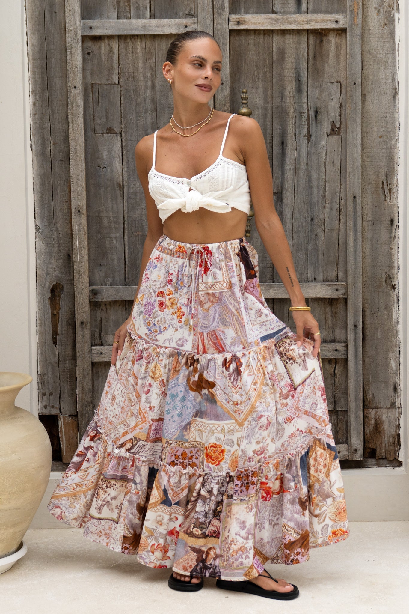 Image of a model wearing Shorts. Productname: Heychic Kasia Beige Abstract Maxi Skirt in Beige colour by brand - Heychic