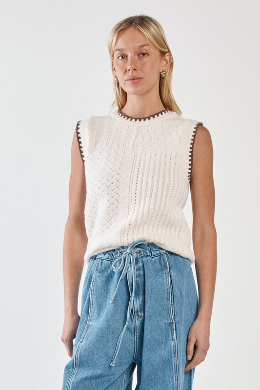 Image of a model wearing Outerwear. Product name - Tonia Knit Vest Cream/Mushroom in Cream/Mushroom colour by brand - Sass Clothing