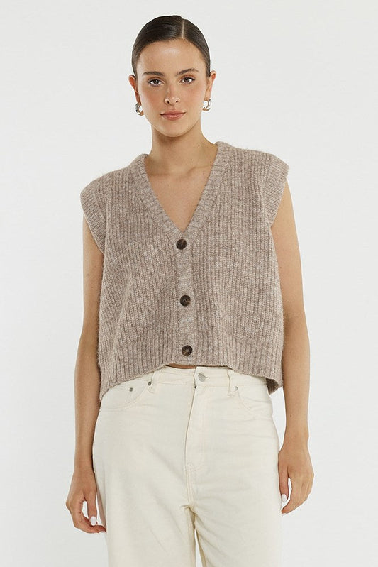Image of a model wearing Outerwear. Product name - Lil Button Vest in Multi Fawn colour by brand - Sass Clothing