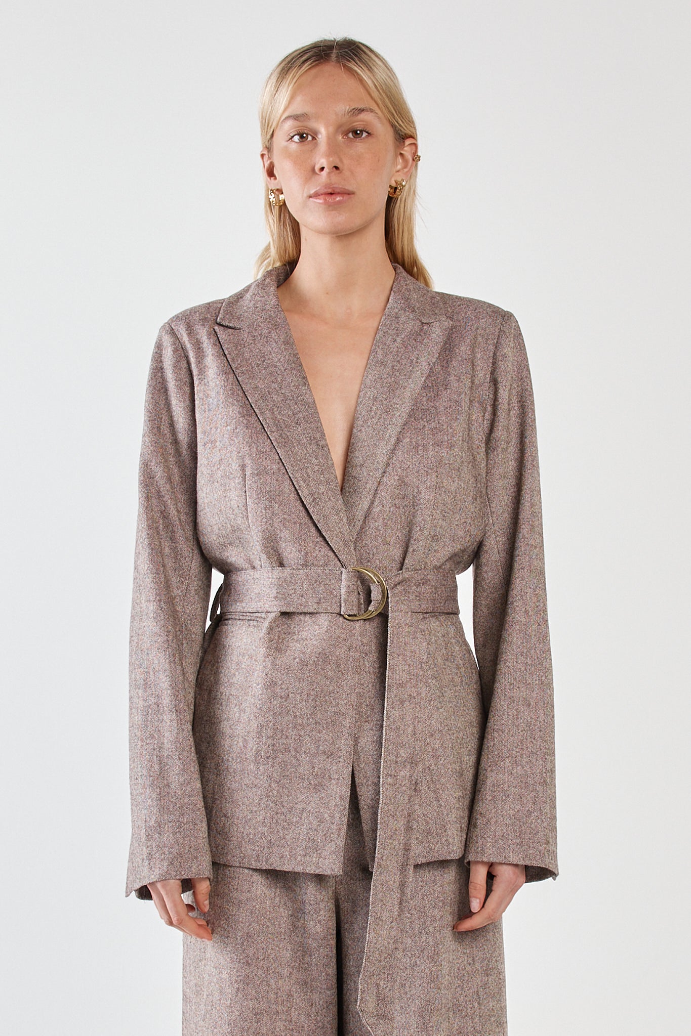 Image of a model wearing Outerwear. Product name - Thalia Belted Blazer Chocolate Birdseye in Chocolate Birdseye colour by brand - Sass Clothing
