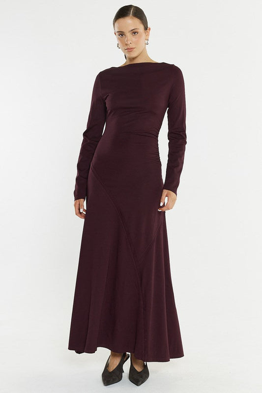 Image of Dresses. Product name - Jade Seamed Jersey Dress in Burgundy colour by brand - Sass Clothing