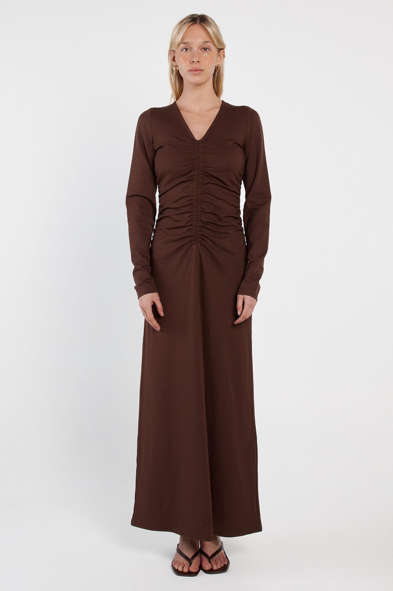 Image of Dresses. Product name - Abia Gathered Front Jersey Dress Chocolate in Chocolate colour by brand - Sass Clothing