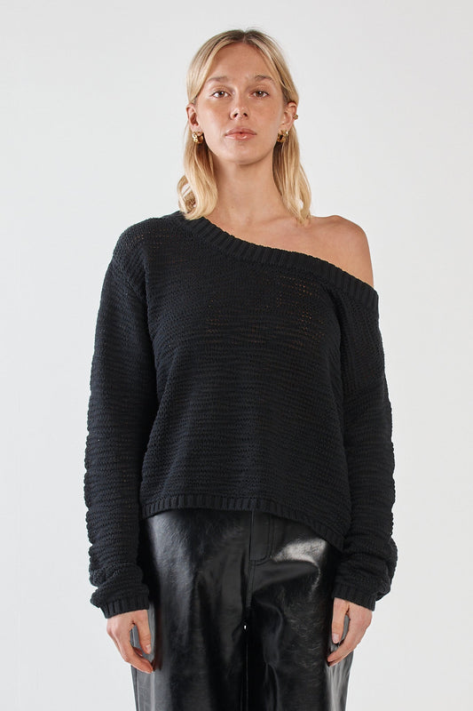 Image of a model wearing Outerwear. Product name - Kiara Asymmetric Knit Black in Black colour by brand - Sass Clothing