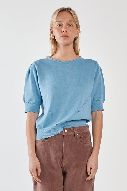 Image of T-Shirts. Product name - Esti Pointelle Knit Tee Denim Blue in Denim Blue colour by brand - Sass Clothing