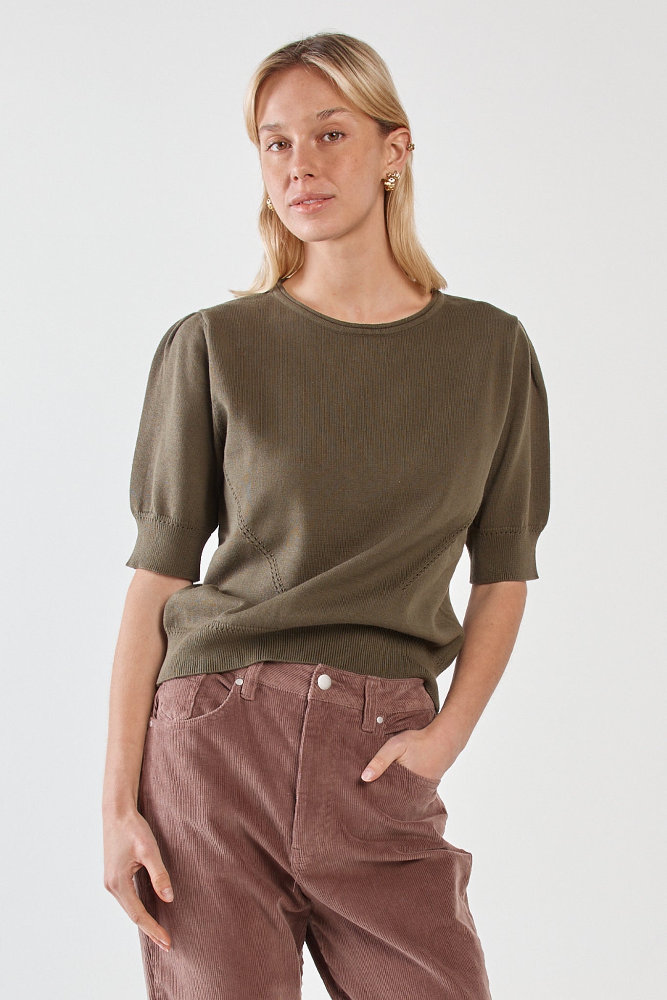 Image of T-Shirts. Product name - Esti Pointelle Knit Tee Khaki in Khaki colour by brand - Sass Clothing