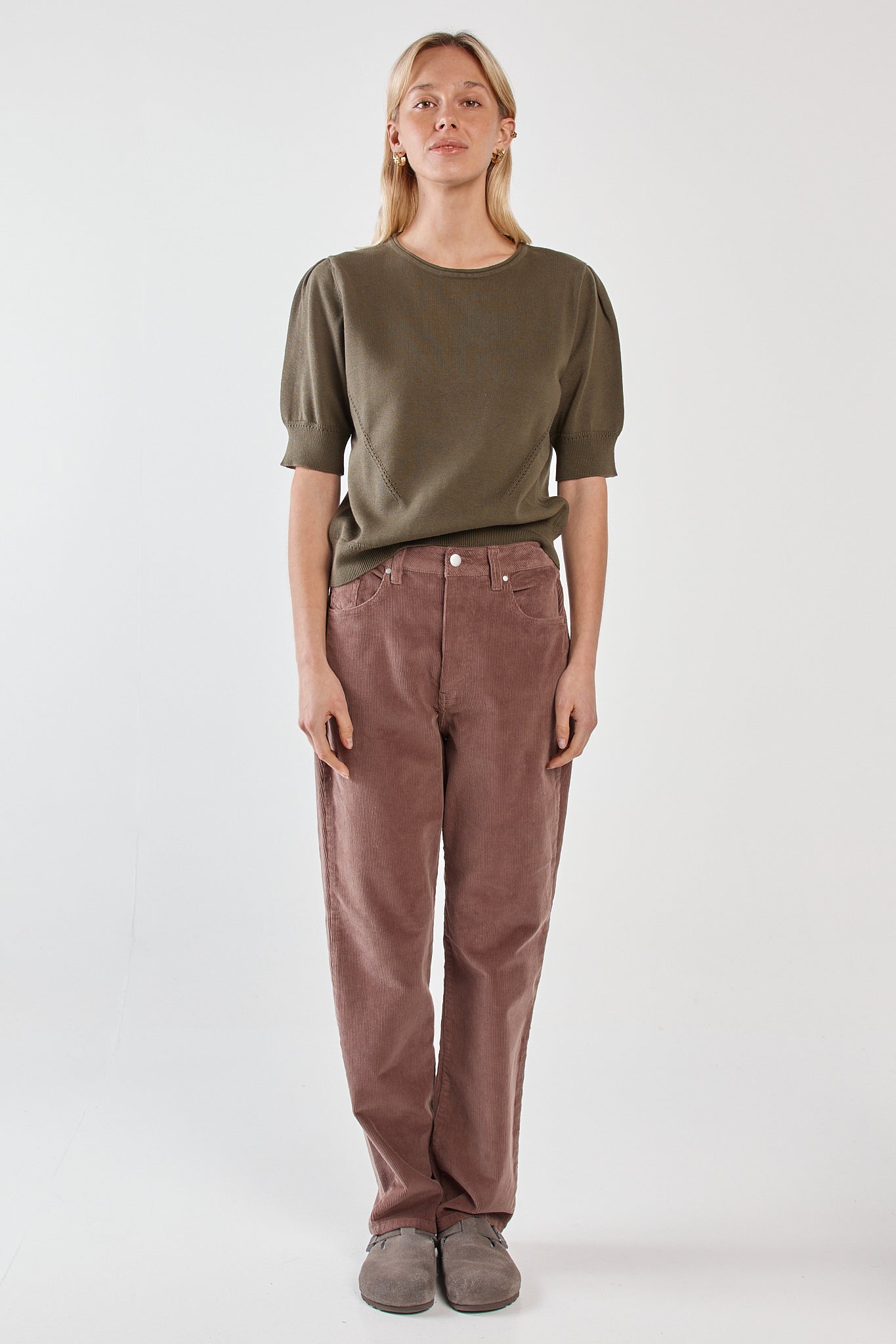Sass Clothing Esti Pointelle Knit Tee (Khaki)