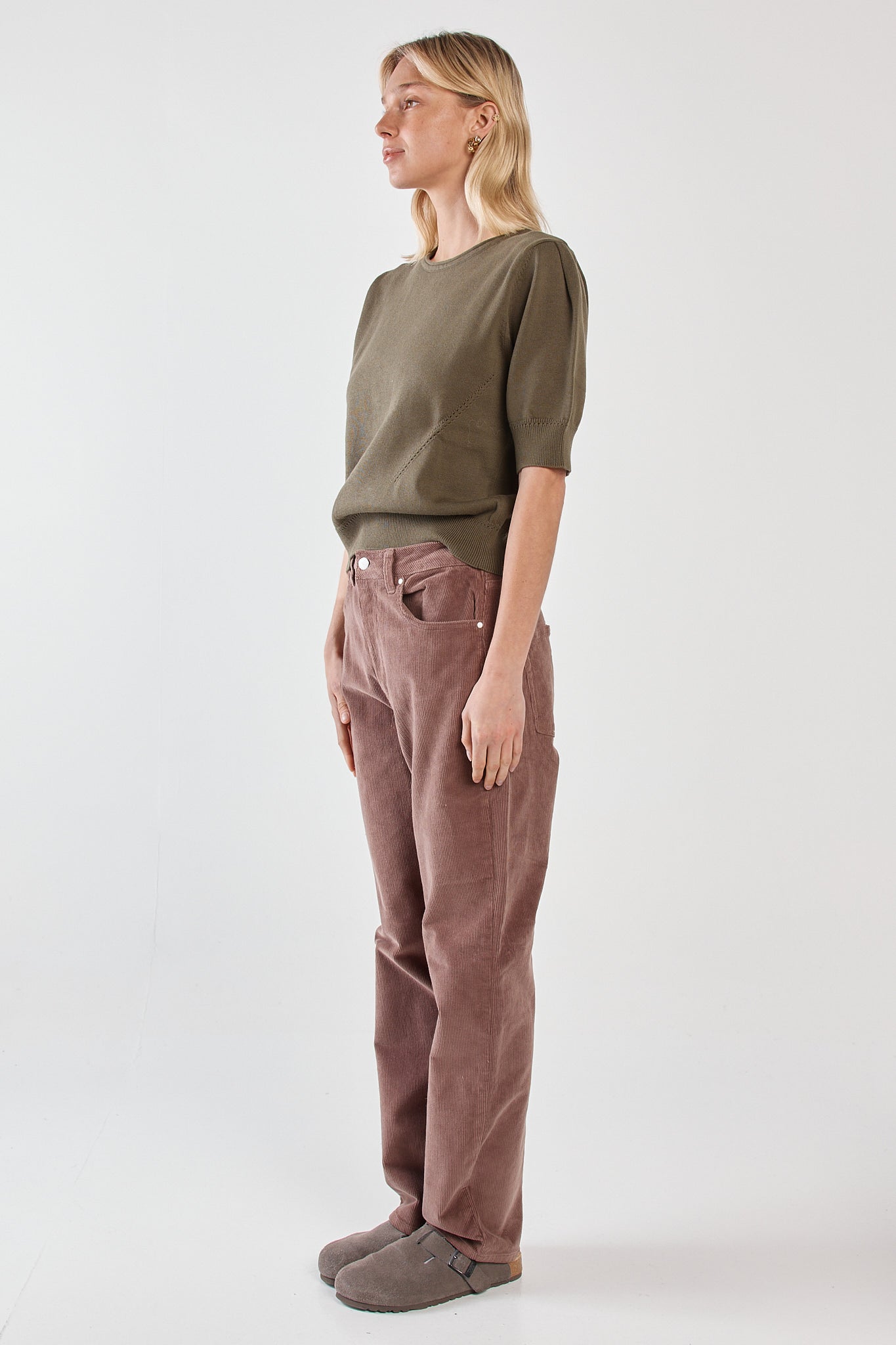 Sass Clothing Esti Pointelle Knit Tee (Khaki)