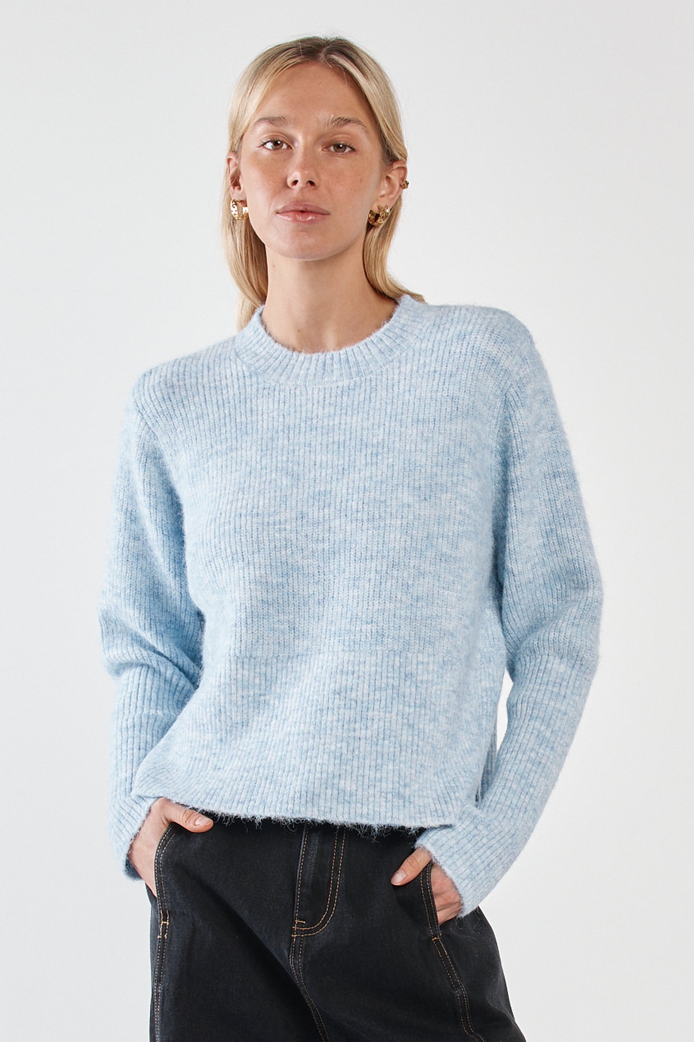 Image of a model wearing Outerwear. Product name - Marli Boxy Rib Knit Pale Blue in Pale Blue colour by brand - Sass Clothing