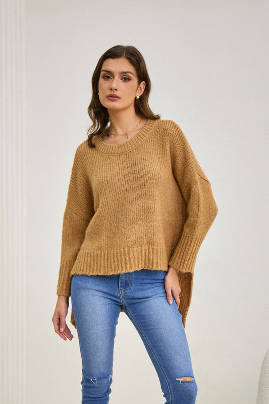Image of a model wearing Tops. Productname: Heychic Nora Step Hem Knit Sweater in Brown colour by brand - Heychic
