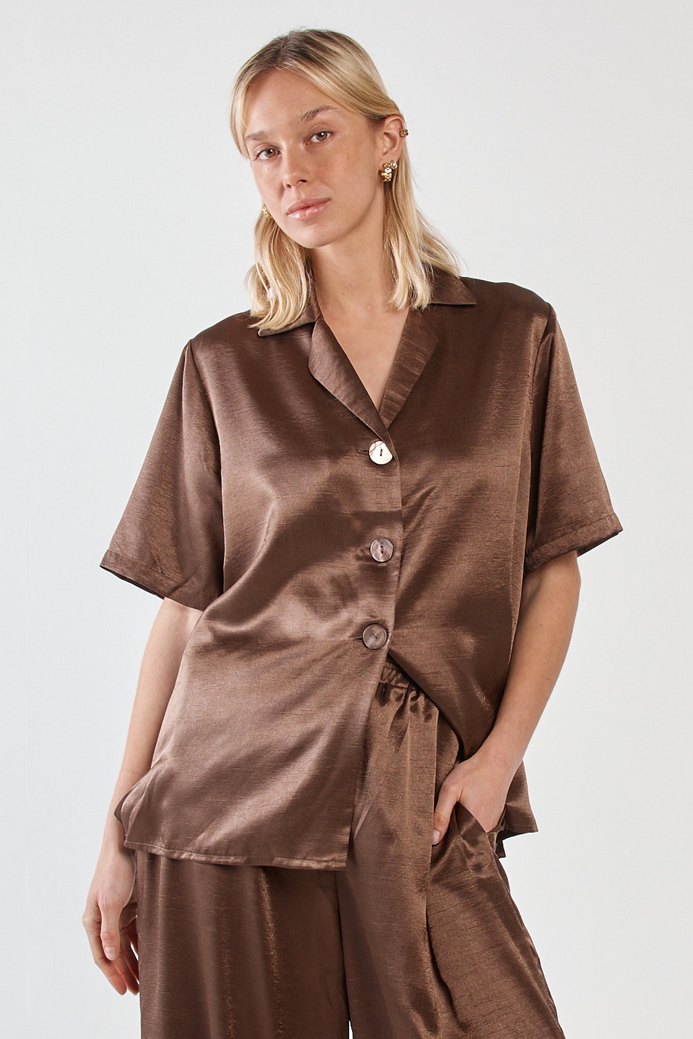 Image of Blouses. Product name - Eddy Crushed Satin Shirt Chocolate in Chocolate colour by brand - Sass Clothing