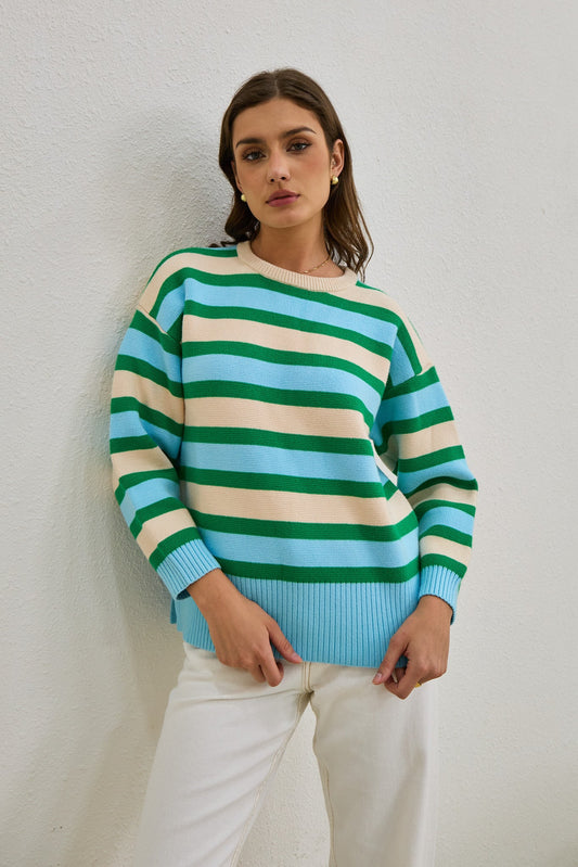 Image of a model wearing Tops. Productname: Heychic Anya Blue Stripe Knit Sweater in Green colour by brand - Heychic
