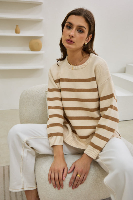 Image of a model wearing Tops. Productname: Heychic Anya Stripe Knit Sweater in Beige colour by brand - Heychic