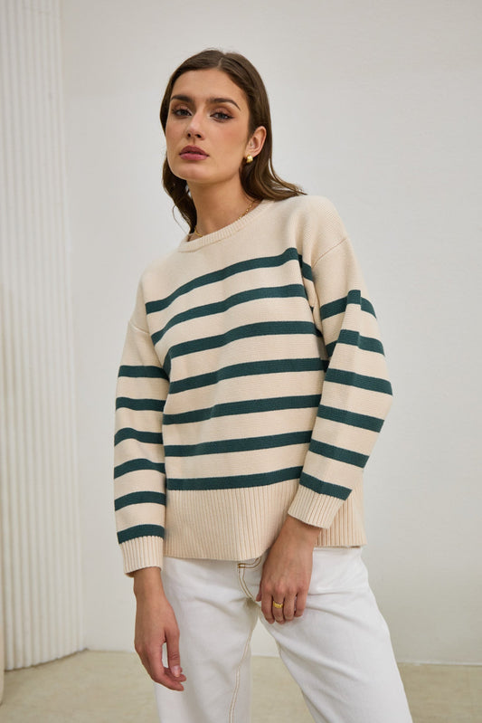 Image of a model wearing Tops. Productname: Heychic Anya Green Stripe Knit Sweater in Forest colour by brand - Heychic