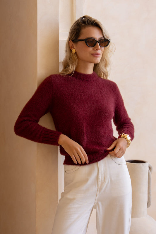 Image of a model wearing Tops. Productname: Jase Burgundy Red Knit Sweater in Red colour by brand - HEYCHIC