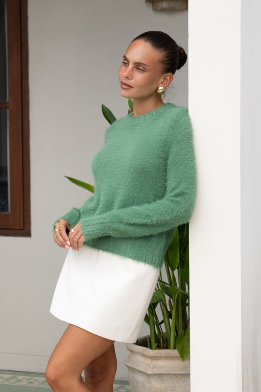 Image of a model wearing Tops. Productname: Heychic Jase Fluffy Knit Sweater in Green colour by brand - Heychic