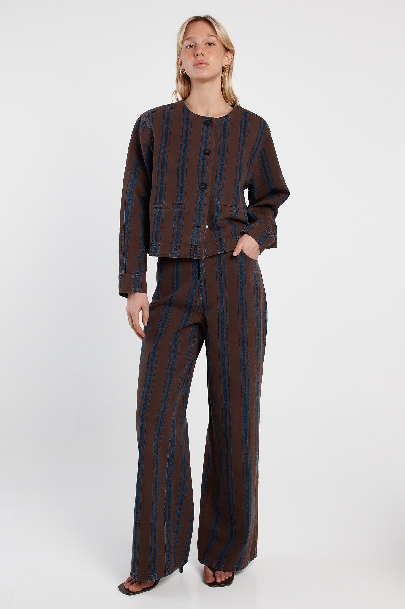Image of a model wearing Pants. Product name - Maja Stripe Jean Choc/Rinse in Choc/Rinse colour by brand - Sass Clothing