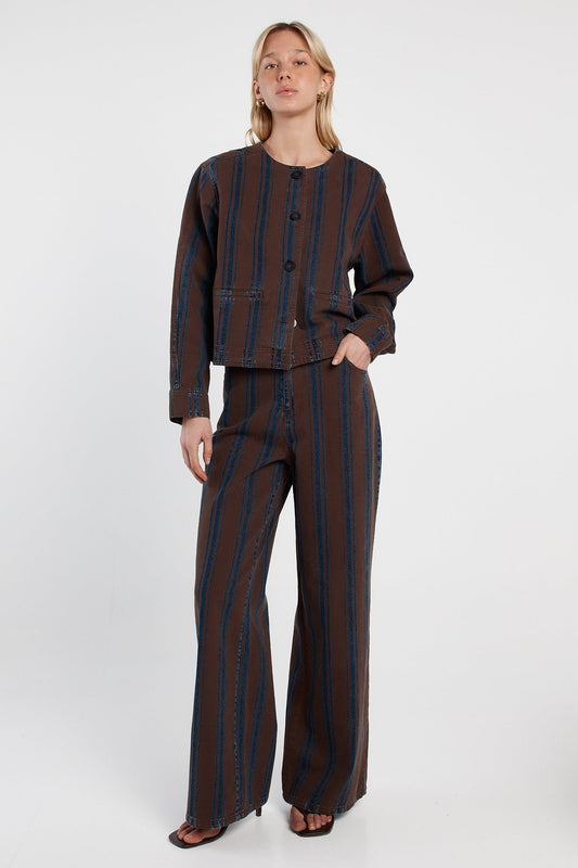 Image of a model wearing Pants. Product name - Maja Stripe Jean Choc/Rinse in Choc/Rinse colour by brand - Sass Clothing