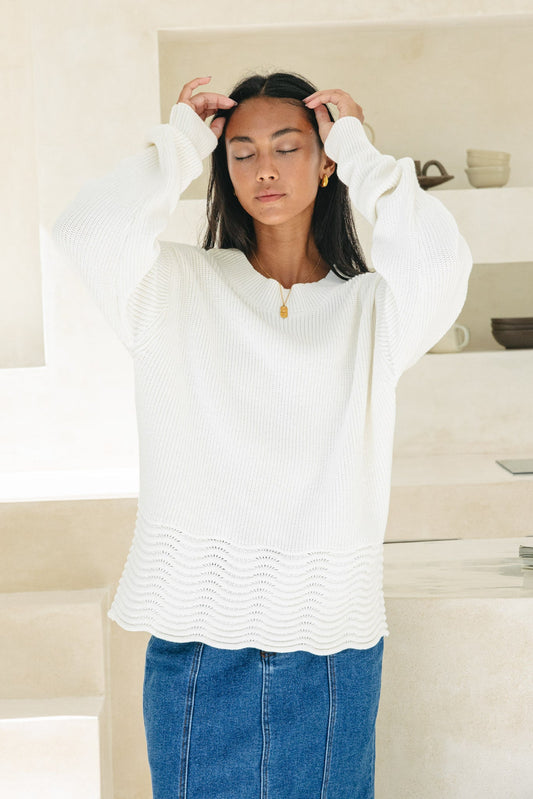 Image of a model wearing Tops. Productname: Heychic Claudia Scallop Hem Knit Sweater in Off-White colour by brand - Heychic