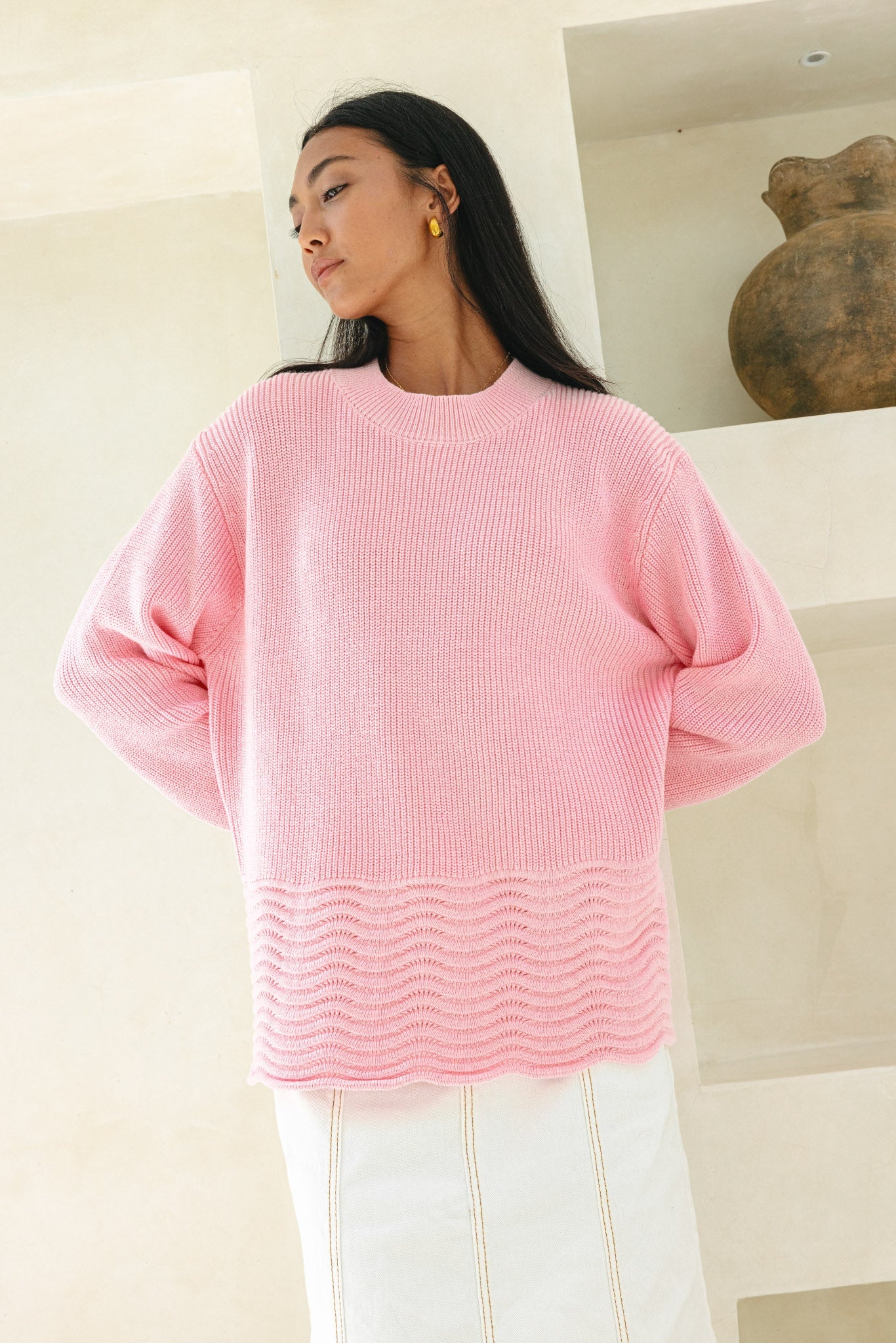 Heychic Claudia Scallop Hem Knit Sweater (Pink)
