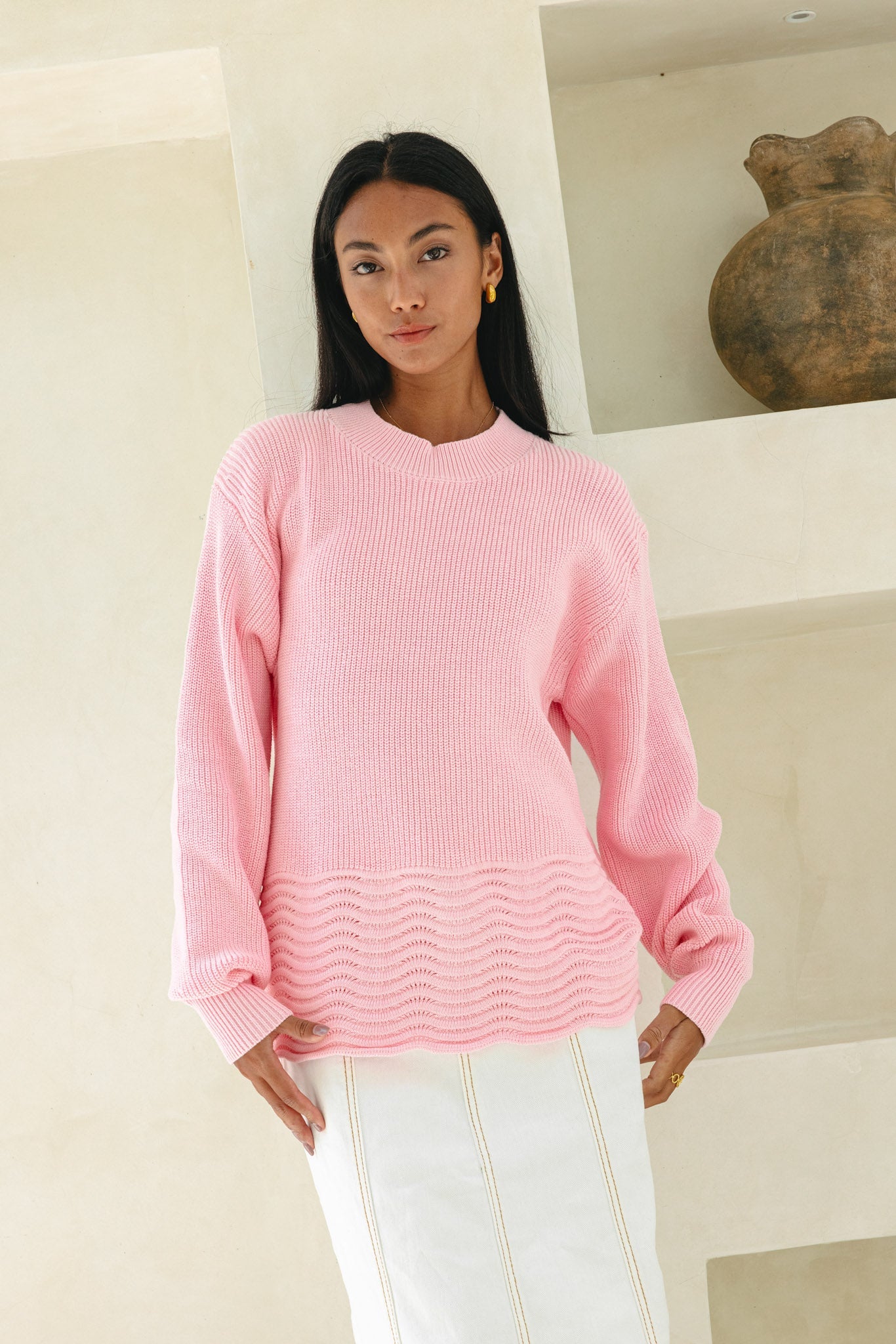 Image of a model wearing Tops. Productname: Heychic Claudia Scallop Hem Knit Sweater in Pink colour by brand - Heychic