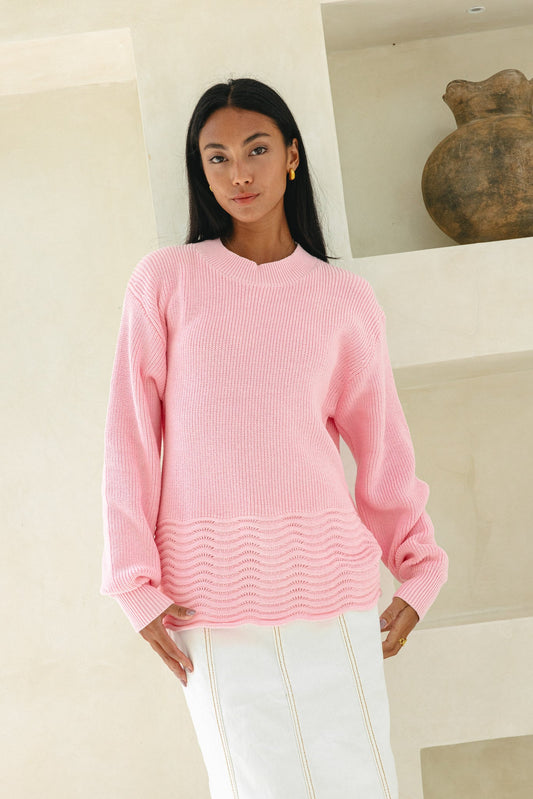 Image of a model wearing Tops. Productname: Heychic Claudia Scallop Hem Knit Sweater in Pink colour by brand - Heychic
