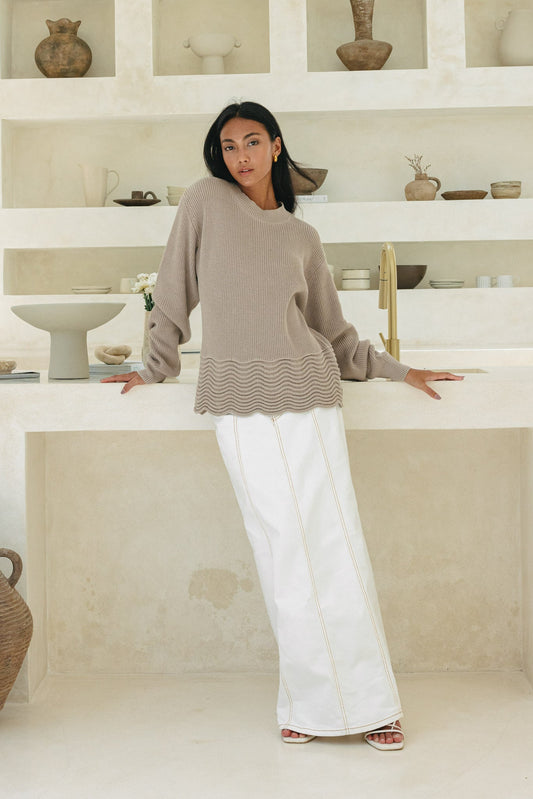 Heychic Claudia Scallop Hem Knit Sweater (Beige)