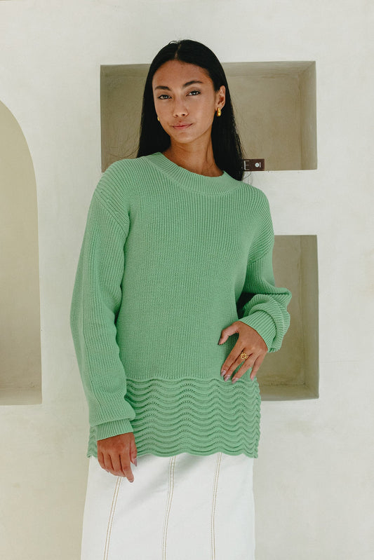 Image of a model wearing Tops. Productname: Heychic Claudia Scallop Hem Knit Sweater in Green colour by brand - Heychic