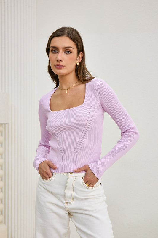 Image of a model wearing Tops. Productname: Heychic Jett Purple Long Sleeve Knit Top in Lilac colour by brand - Heychic