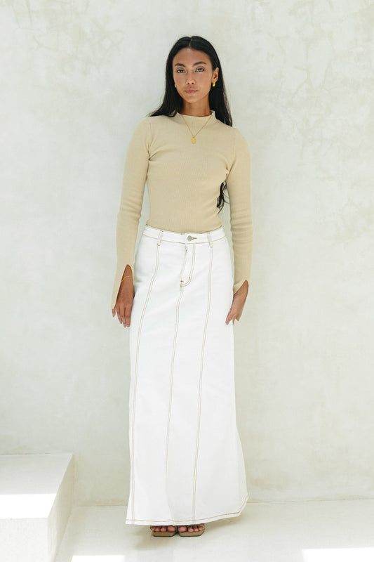 Image of a model wearing Pants. Productname: Heychic Remi Denim Panel Maxi Skirt in White colour by brand - Heychic