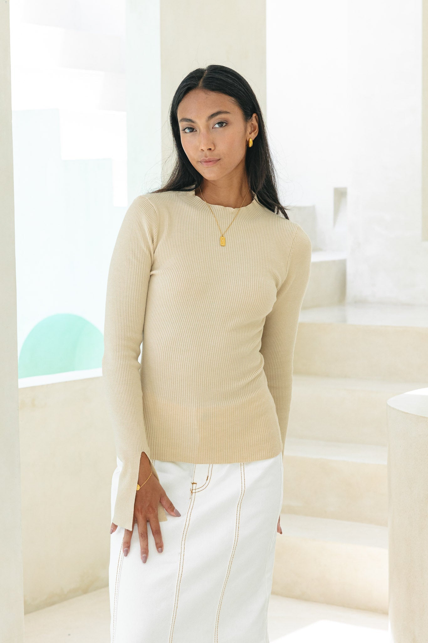 Heychic Vikki Long Sleeve Knit Top (Beige)