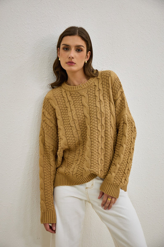 Image of a model wearing Tops. Productname: Heychic Faith Cable Knit Sweater in Mocha colour by brand - Heychic