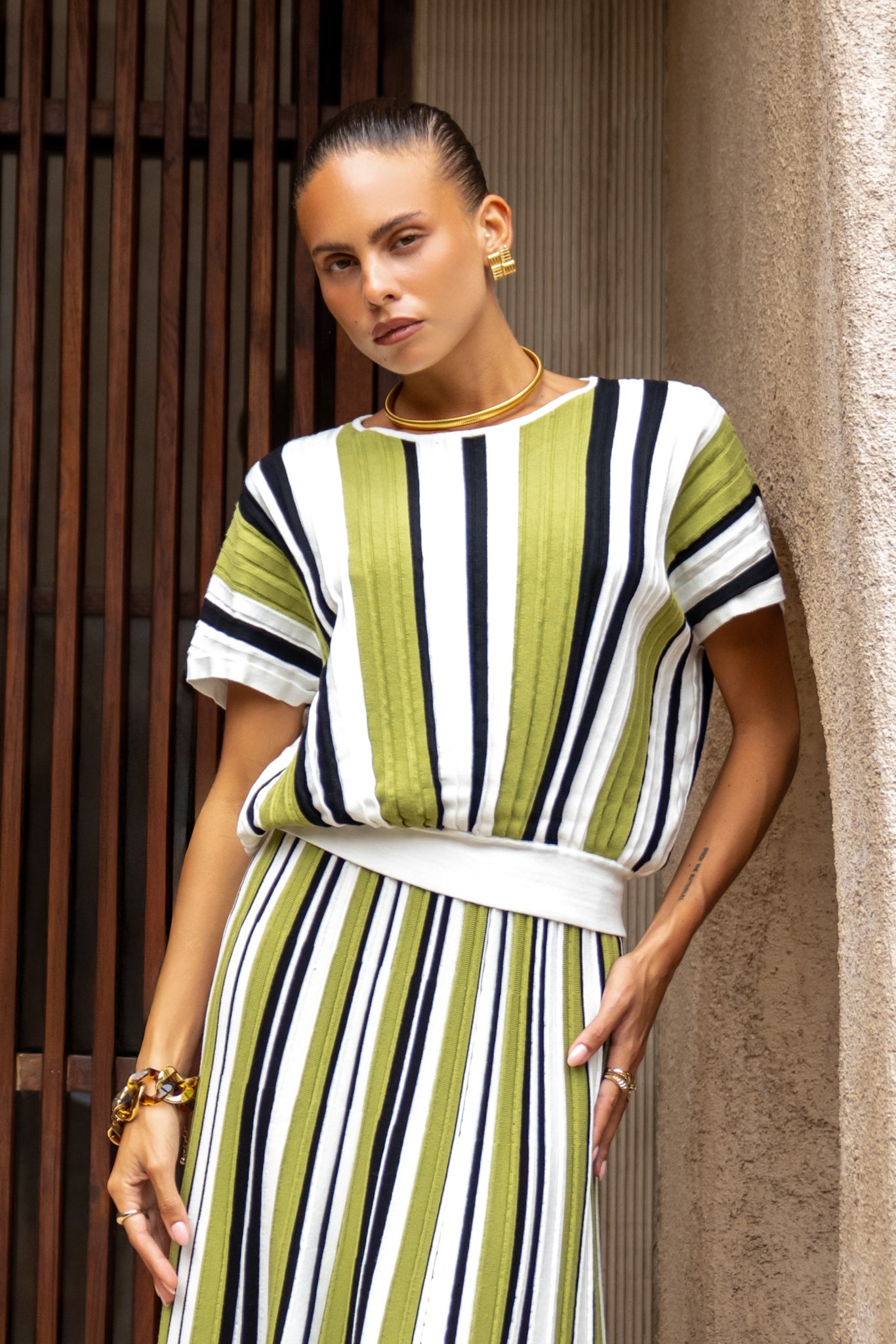 Heychic Vittoria Stripe Pleated Knit Top (Green)