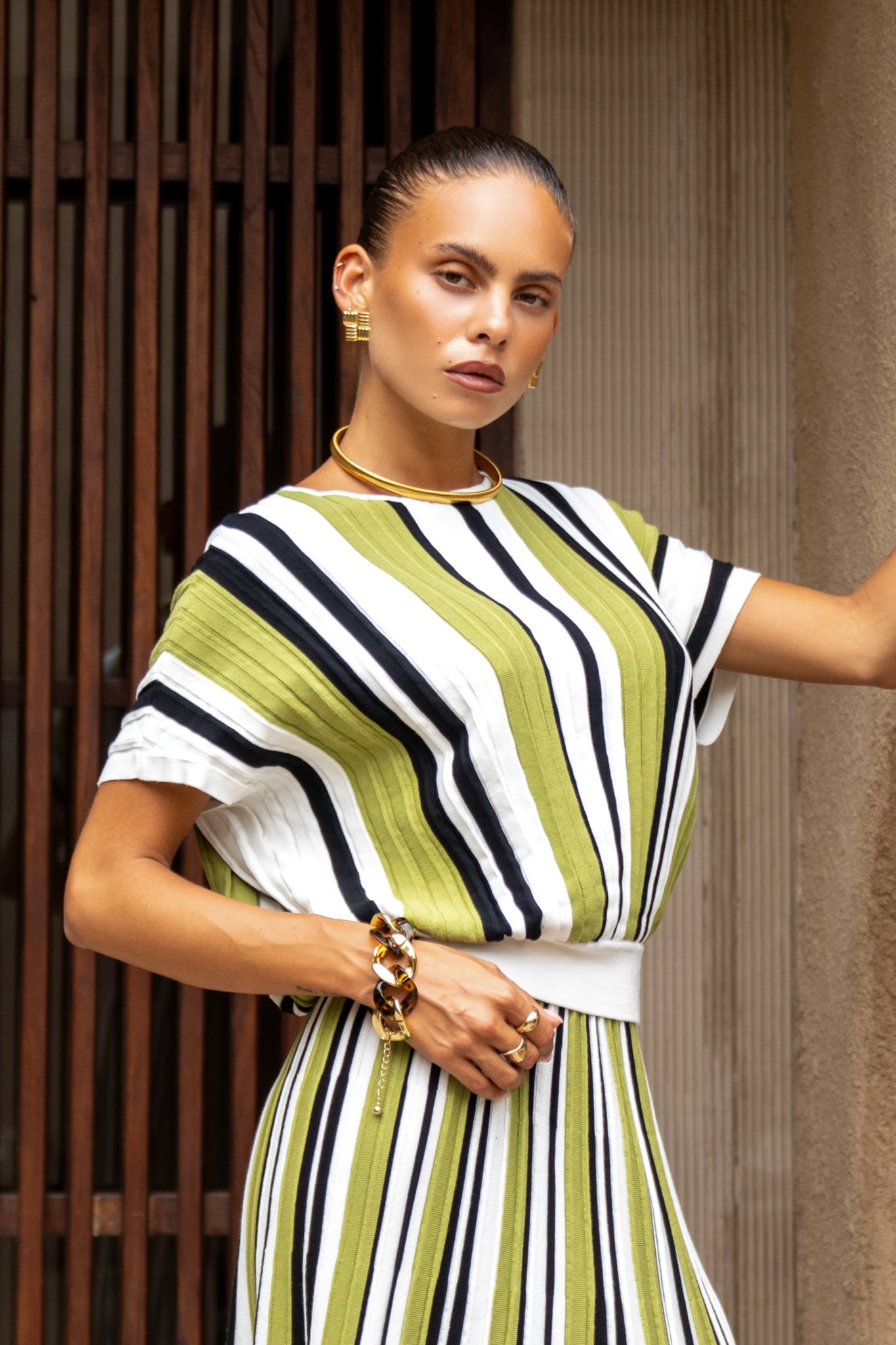 Heychic Vittoria Stripe Pleated Knit Top (Green)