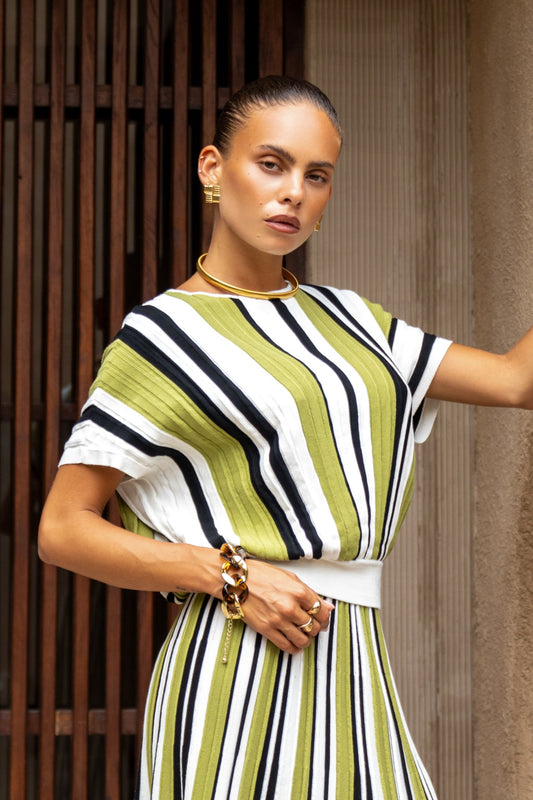Heychic Vittoria Stripe Pleated Knit Top (Green)