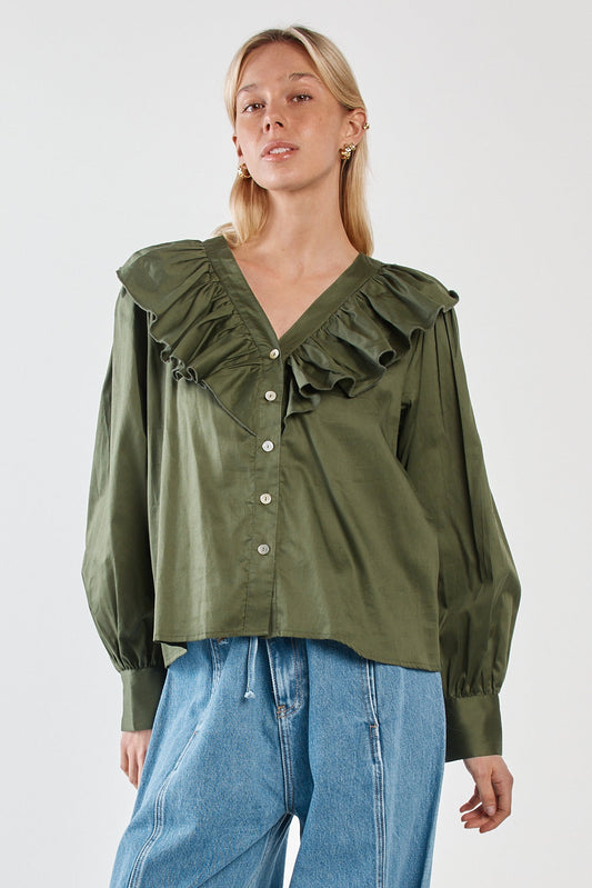 Image of Blouses. Product name - Artha Frill Blouse Olive in Olive colour by brand - Sass Clothing
