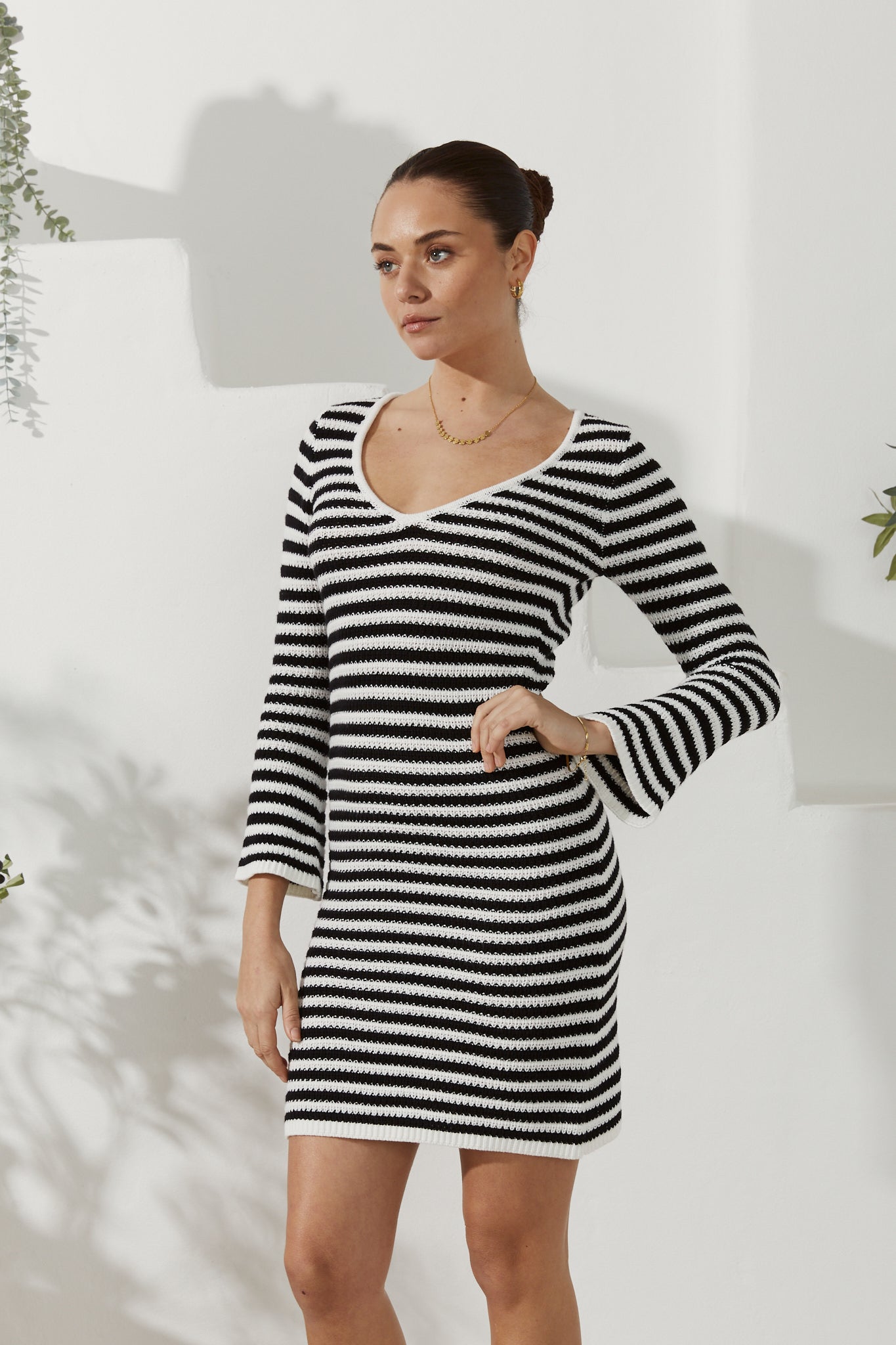 Image of Dresses. Productname: Heychic Nadia White Stripe Knit Mini Dress in Black colour by brand - Heychic