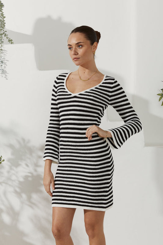 Image of Dresses. Productname: Heychic Nadia White Stripe Knit Mini Dress in Black colour by brand - Heychic
