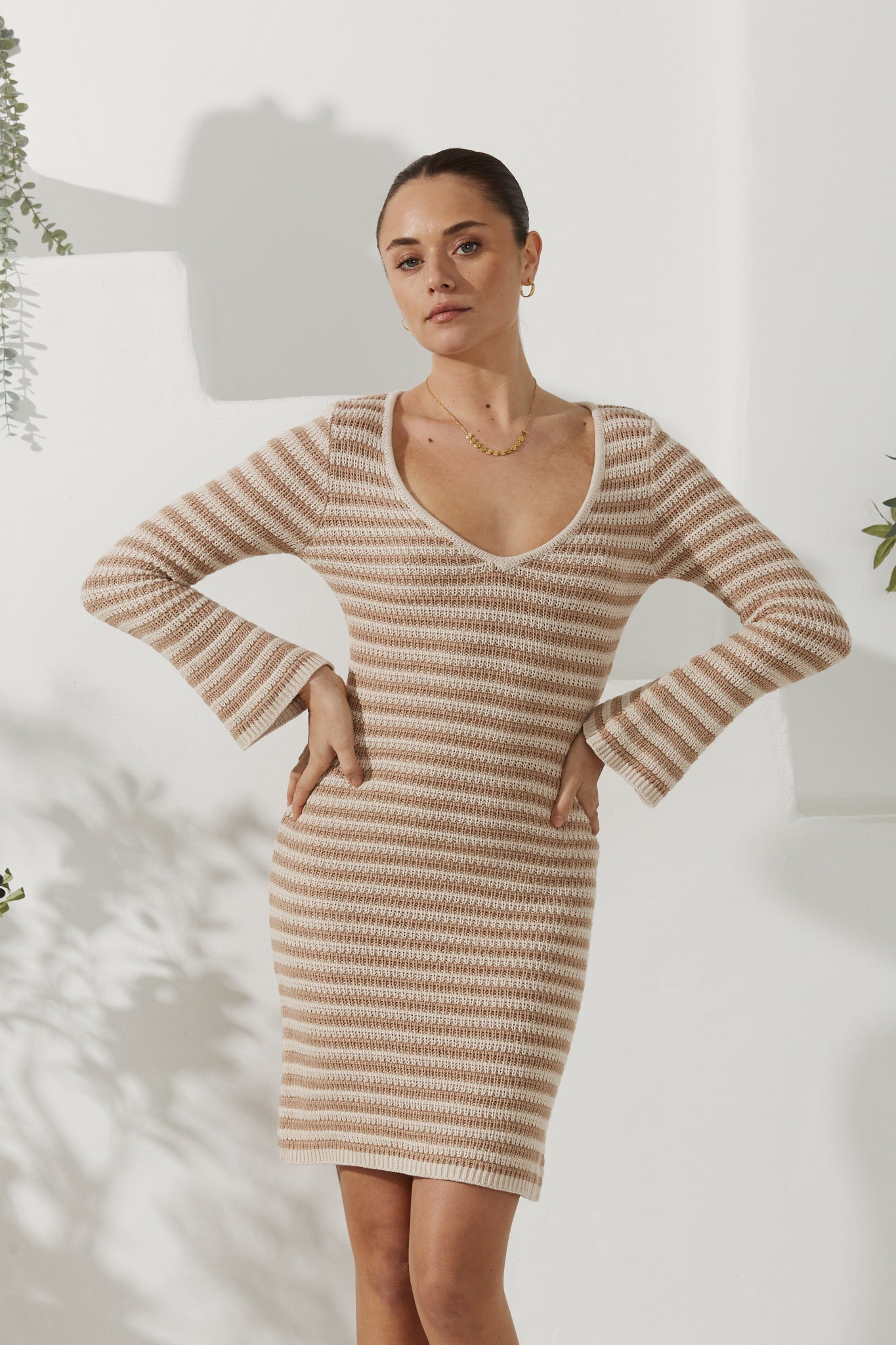 Heychic Nadia Stripe Knit Mini Dress (Beige)