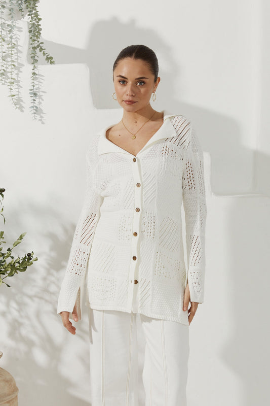 Image of a model wearing Tops. Productname: Heychic Kaori Crochet Knit Cardigan in White colour by brand - Heychic
