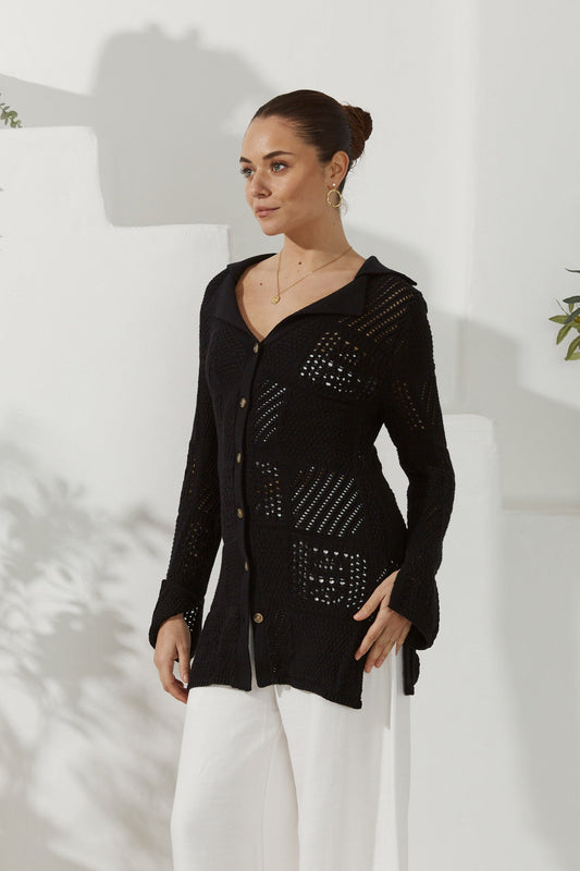 Image of a model wearing Tops. Productname: Heychic Kaori Crochet Knit Cardigan in Black colour by brand - Heychic