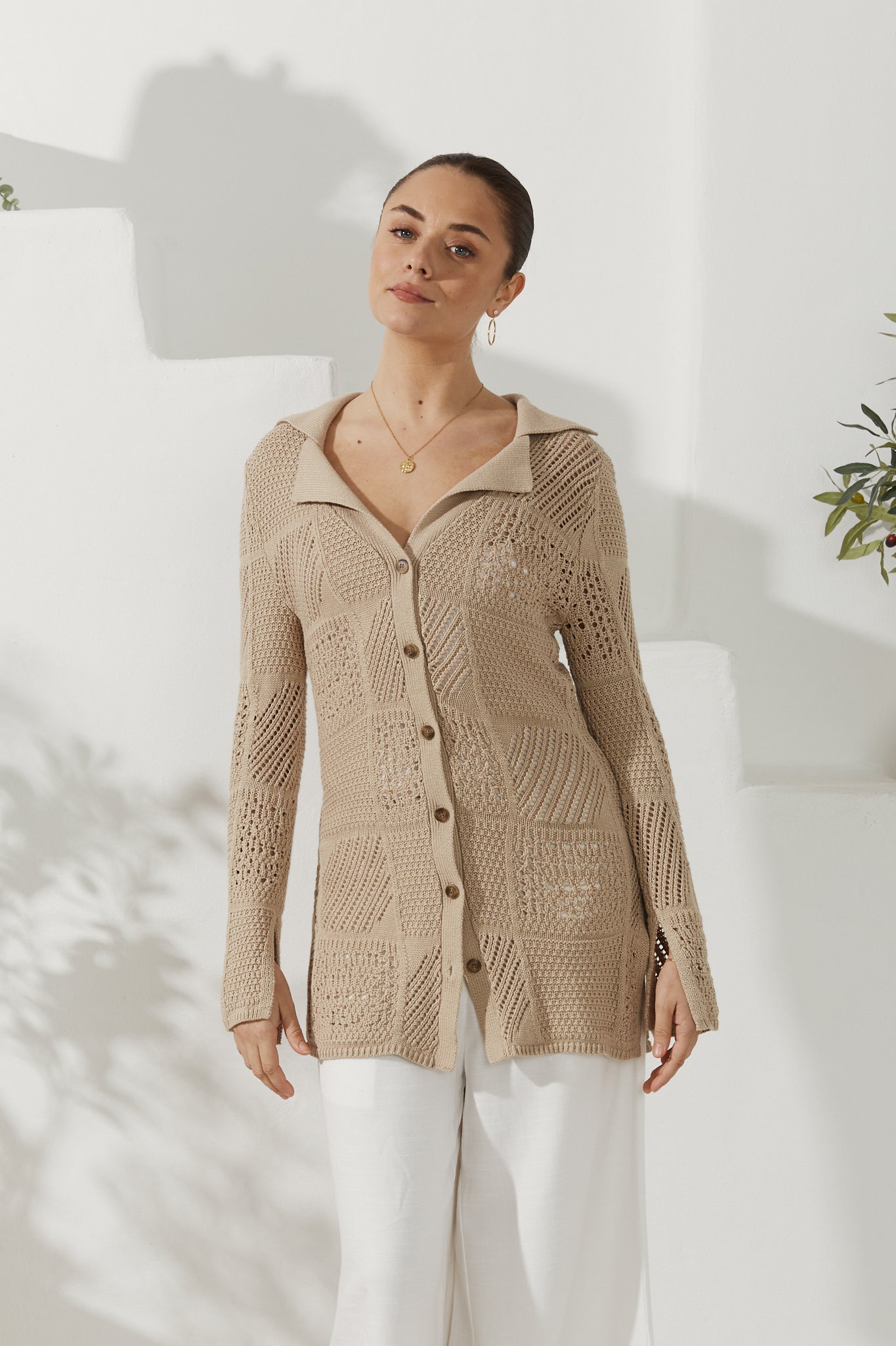 Image of a model wearing Tops. Productname: Heychic Kaori Crochet Knit Cardigan in Beige colour by brand - Heychic