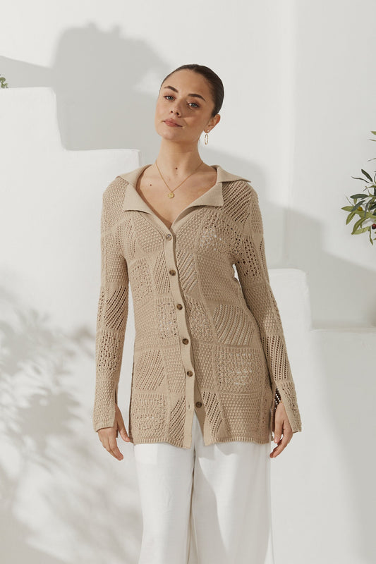 Image of a model wearing Tops. Productname: Heychic Kaori Crochet Knit Cardigan in Beige colour by brand - Heychic