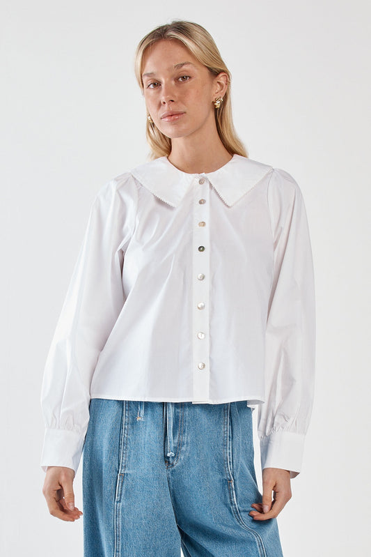 Image of Blouses. Product name - Gypsy Large Collared Shirt White in White colour by brand - Sass Clothing