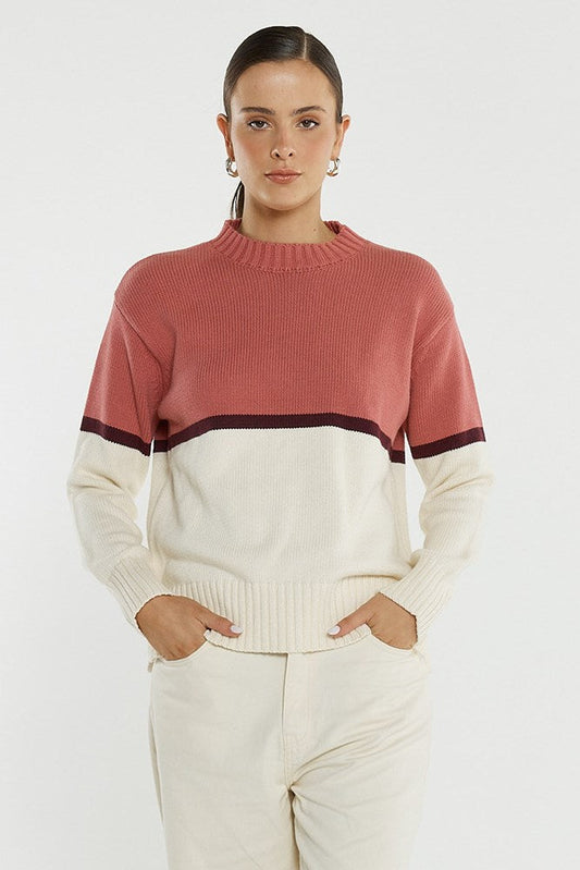 Image of a model wearing Outerwear. Product name - Ivy Cotton Knit in Cream/Burg/Rose colour by brand - Sass Clothing