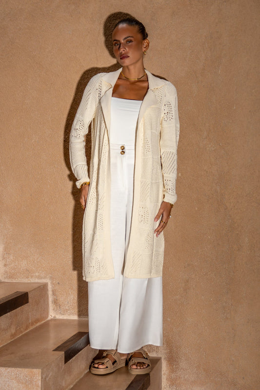 Image of a model wearing Tops. Productname: Heychic Elaine Longline Crochet Knit Cardigan in Cream colour by brand - Heychic