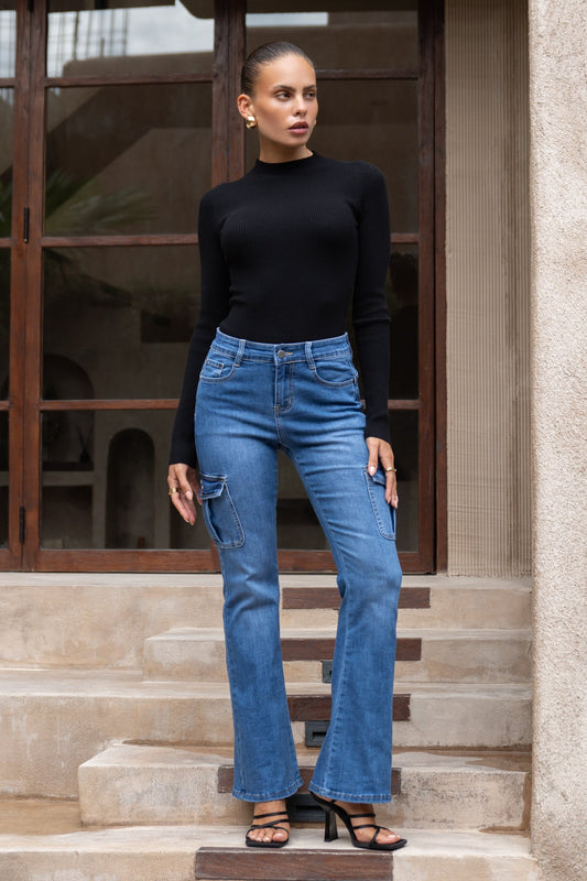 Image of a model wearing Shorts. Productname: Heychic Xyler Blue Denim Cargo Jeans in Blue colour by brand - Heychic